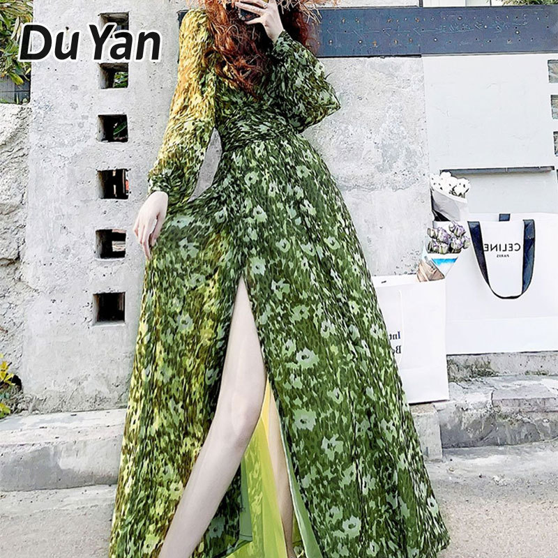 DuYan V-neck slit long sleeve dress