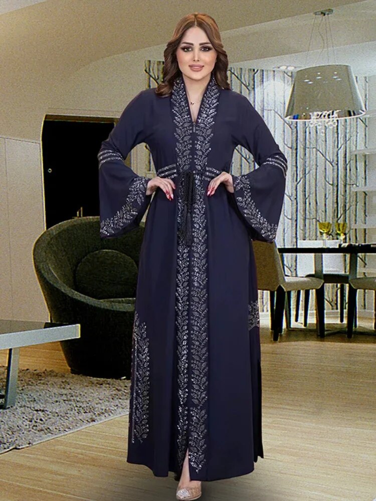 【Trending Now】 Eid Dress For Women Dubai Kaftan Dresses Flare Sleeve Abaya Jalabiya Turkey Ramadan Party Abayas Robe Belt Caftan.