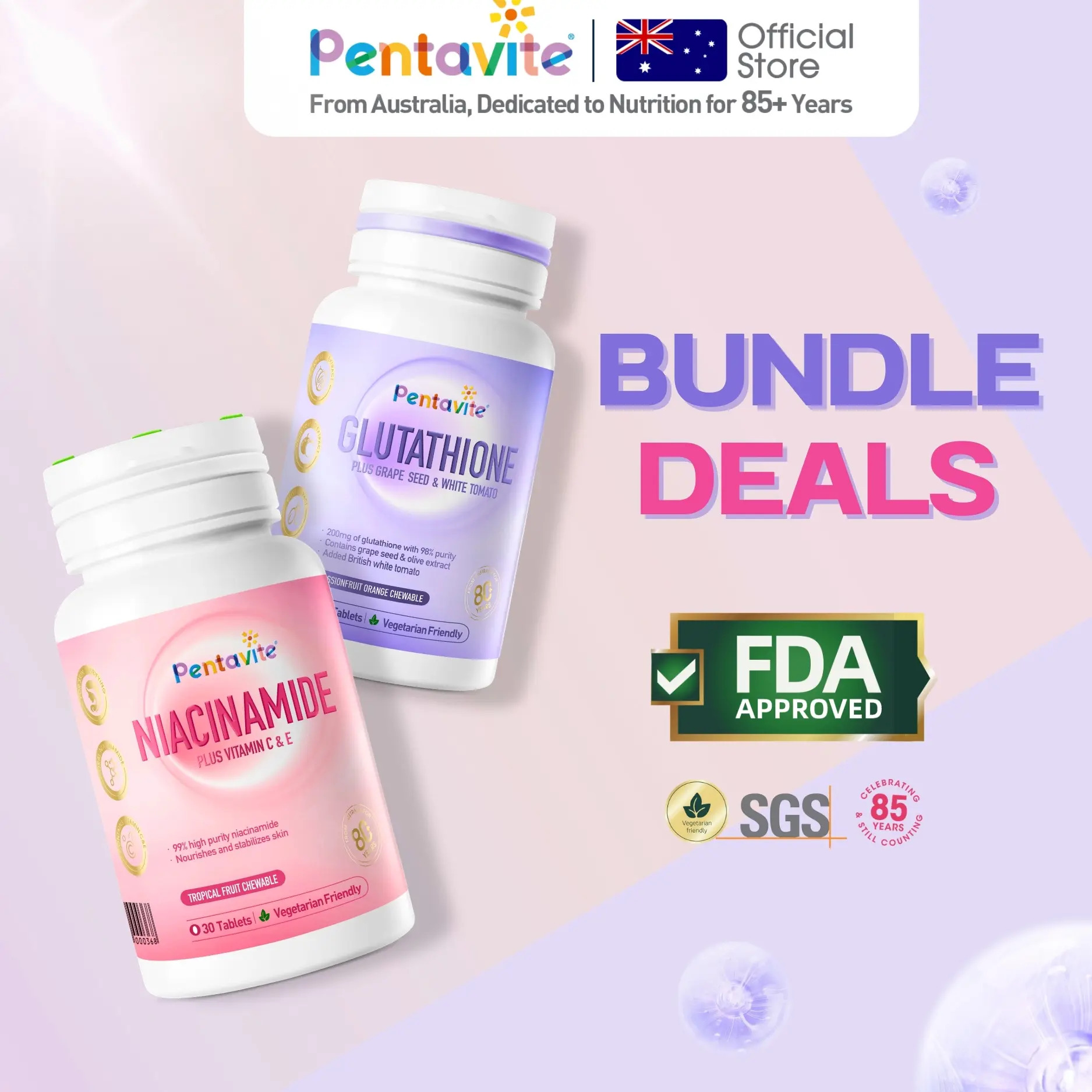 Pentavite Skin Wellness Bundle Deals Mix & Match: [Duo Bundle] Collagen + Gluta + Niacinamide| FDA Approved 360° Brightening & Age-Defying Chewables