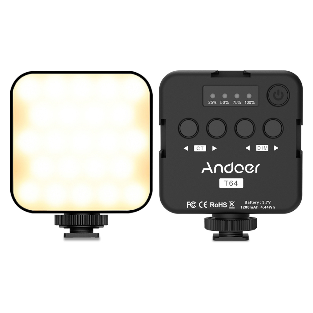 Andoer t64 pocket led light mini video lamp photography light 2500k-9000k±200k color temperature cri≥95 with 64pcs beads 3 cold shoe mounts for live streaming home studio comercial photography