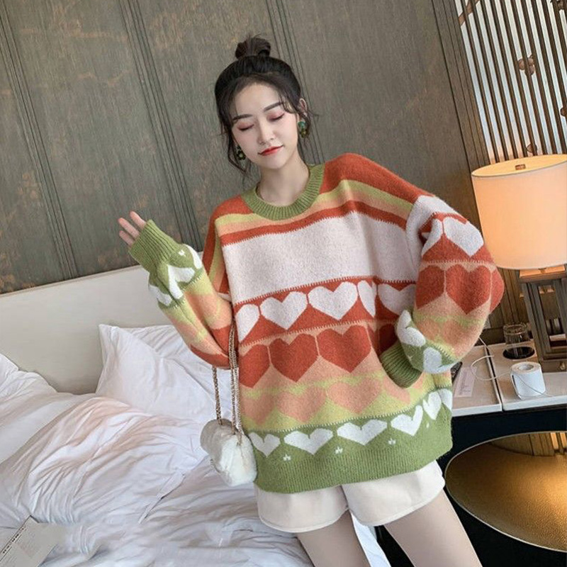 Guima Preppy style contrast color love girl pullover sweater women's sweater top