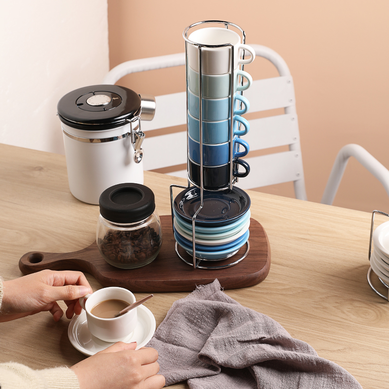 SWEEJAR Porcelain Espresso Cup & Saucer Set,Ceramic Stackable Demitasse  Coffee Cups with Metal Stand, 2.5 oz ,Set of 6,Black 