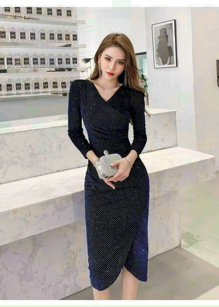 Đầm body nhung kim sa cổ đắp chéo cao cấp by4673