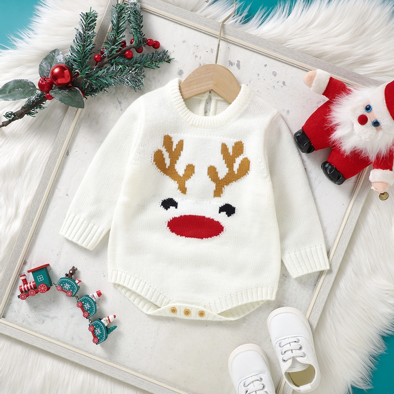 ANFUTON Baby Christmas Romper Long Sleeve Crew Neck Deer Print Knit