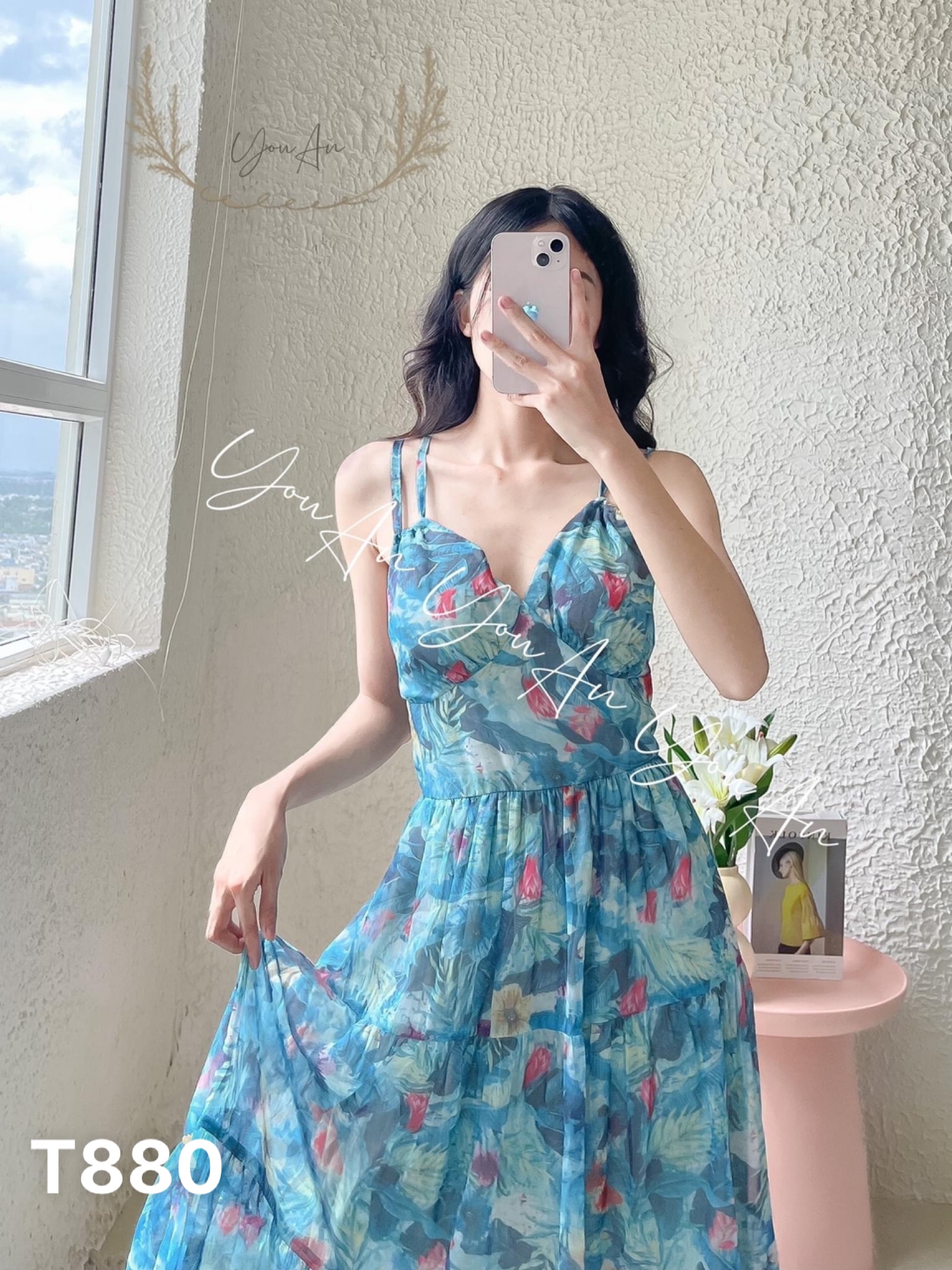 Maxi lụa nữ 2 dây đi biển voan hoa chingfon có mút T880