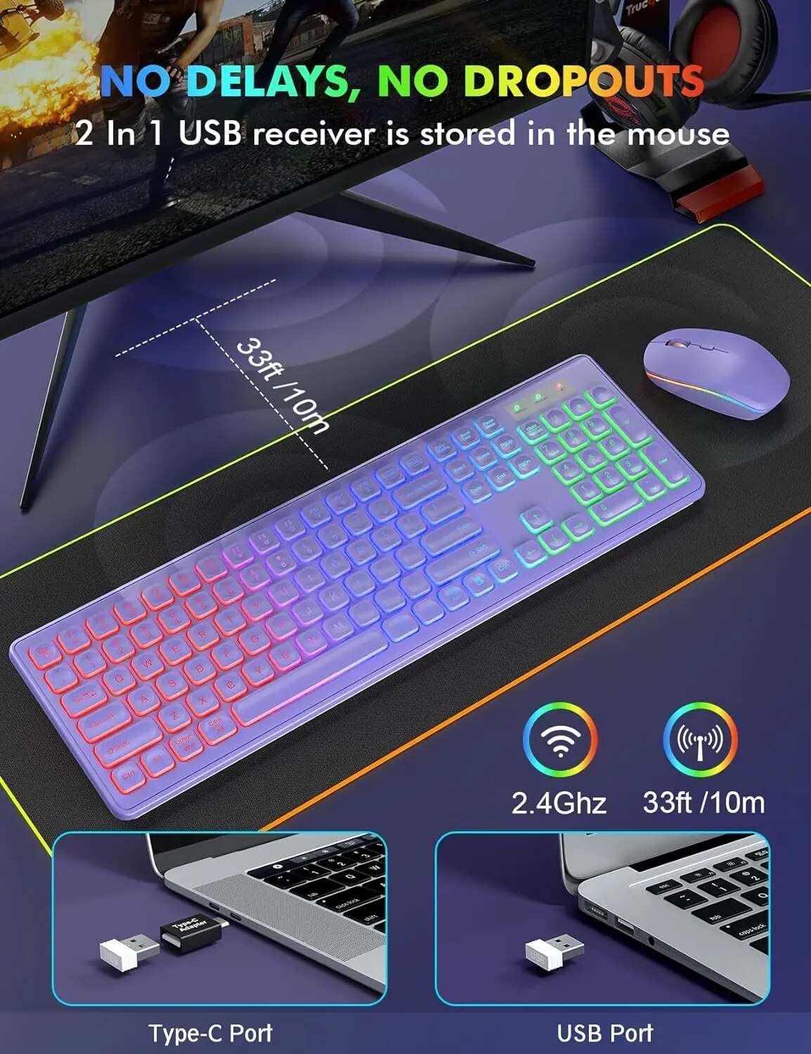 Jomaa Type-c +USB 2.4G Wireless Keyboard Mouse Combo RGB Backlit Rechargeable Full-Size Wireless Keyboard Mouse Set for Laptop Computer Ergonomic