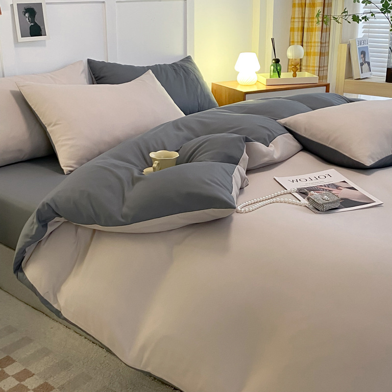 Solid color double washed cotton four-piece set thickened brushed three-piece bedding