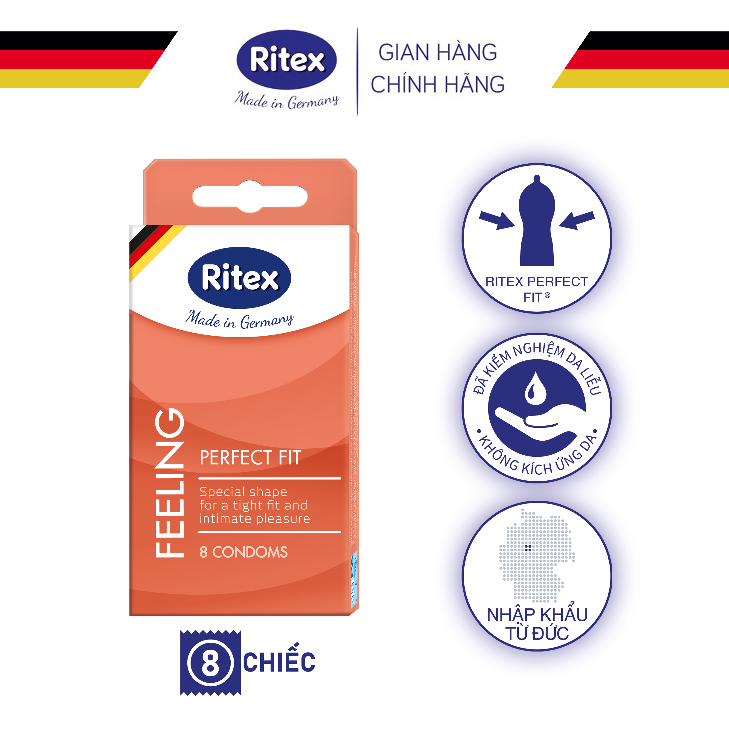 Bao cao su Ritex Feeling - Freesize vừa vặn, size 55mm (Hộp 8 chiếc)