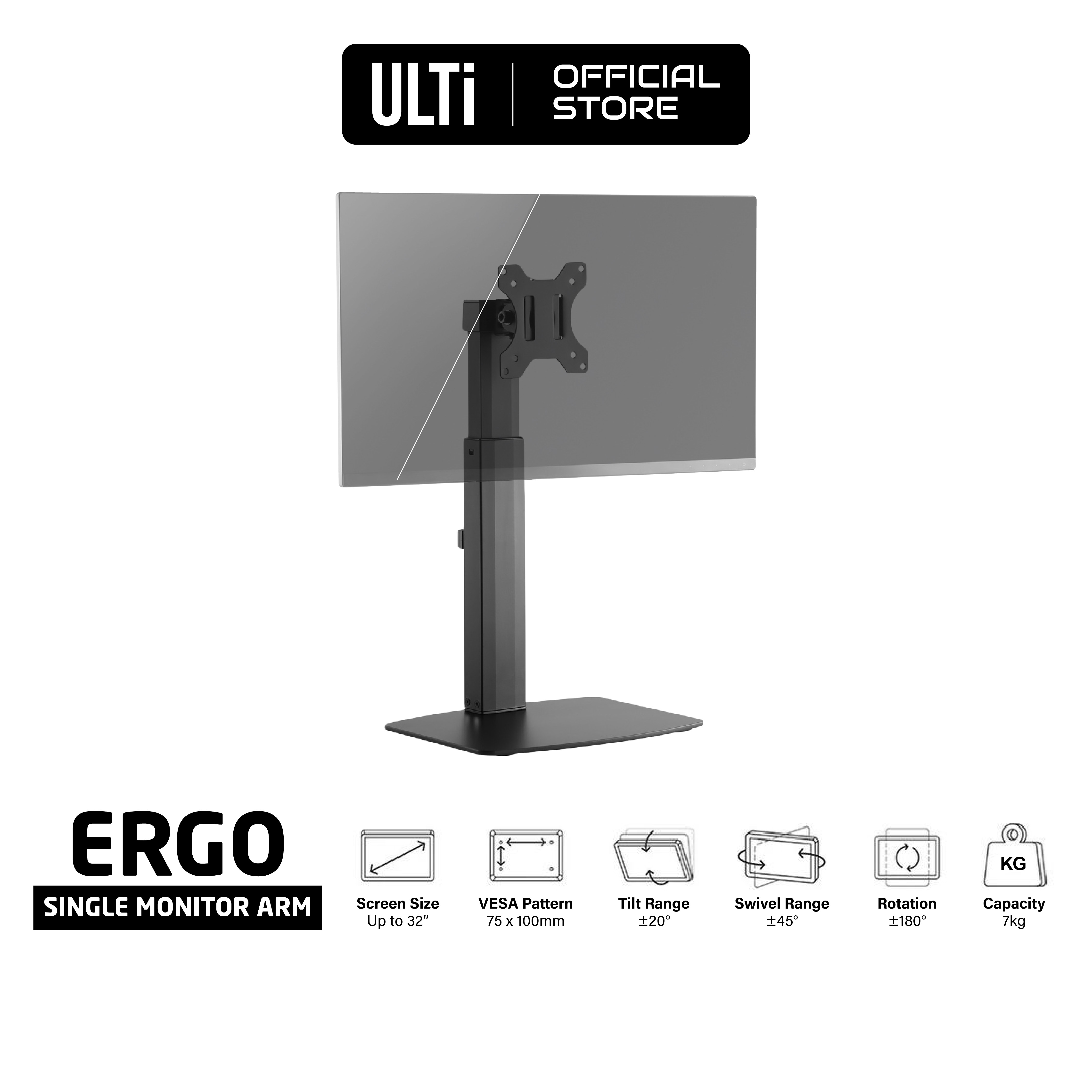 ULTi Ergo Free Standing Monitor Mount Desk Stand, Spring Height