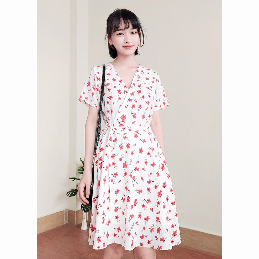 Đầm váy nữ hoa dáng xoè cổ chữ V thắt eo dễ thương RD045