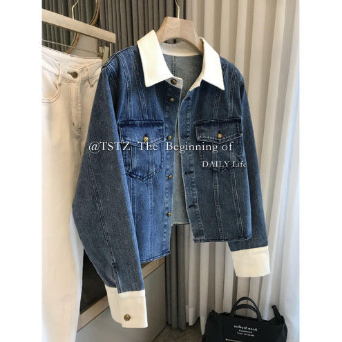 Hita Fashion~ Color-block Cropped Denim Jacket