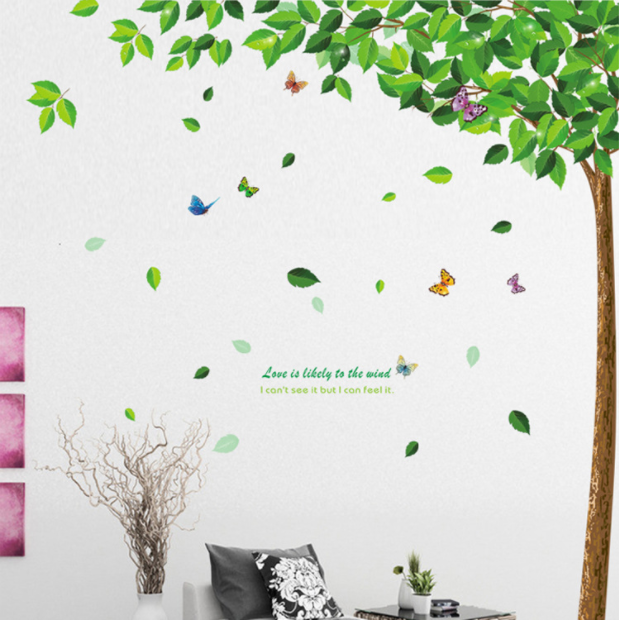 Decal trang trí Cây Lá Xanh Hoa Bướm kèm chữ A.H