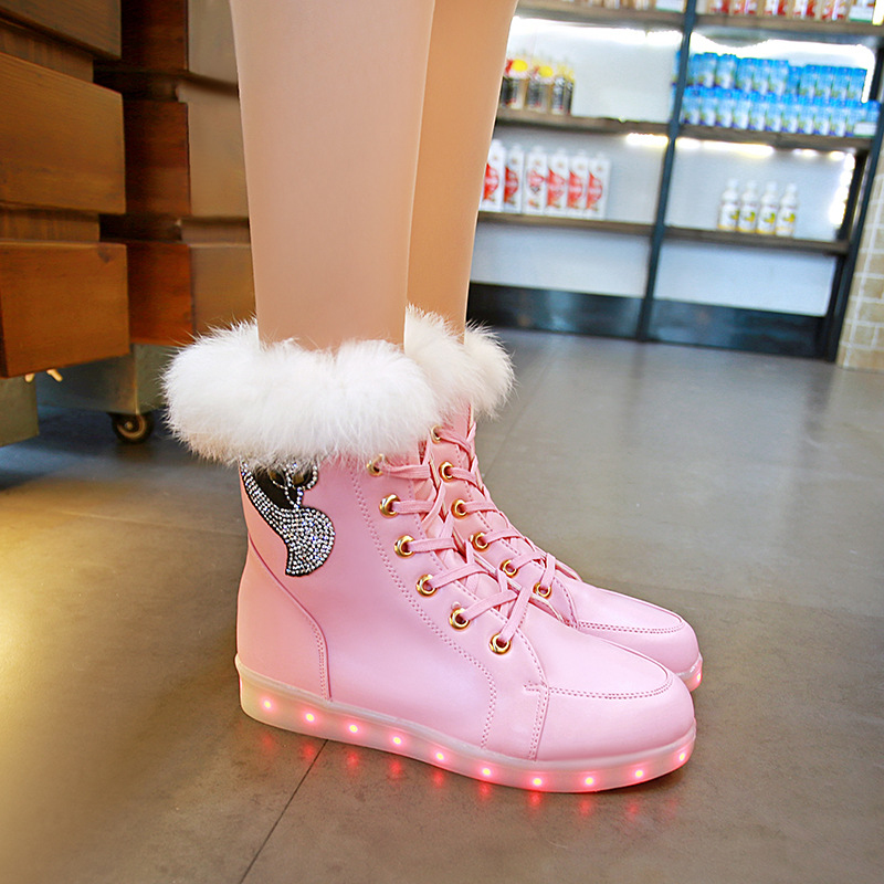 Winter Girl Luminous Shoes LED Shoes Plush Rabbit Snow Boots Plus Cotton Luminous Dance Shoes Kids Boots Girls Lace Up Boots Size 26-41 YCLIHAO