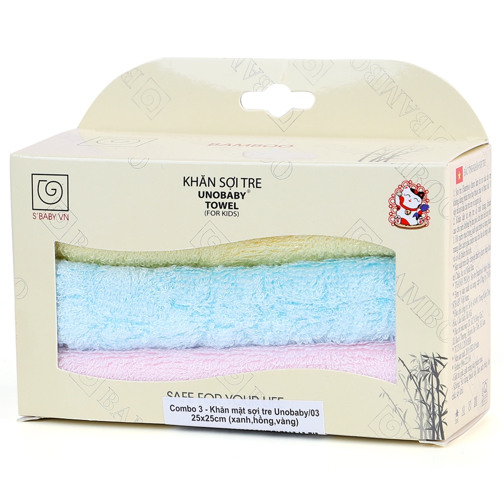 Set 3 khăn sợi tre Unobaby 25x25cm (xanh, hồng, vàng)
