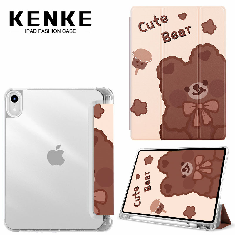 KENKE iPad Case New Cartoon Cute Bear series Transparent DIY Case with pencil slot for iPad 2020 Pro 11 Pro 12.9 2021 Air4 Air5 2022 mini 5 6 iPad 10.2 7th 8th 9th Generation 5th 6th (2017-2018)Air 3 Pro 10.5 Case Smart Cover,Antioxidant, no yellowing