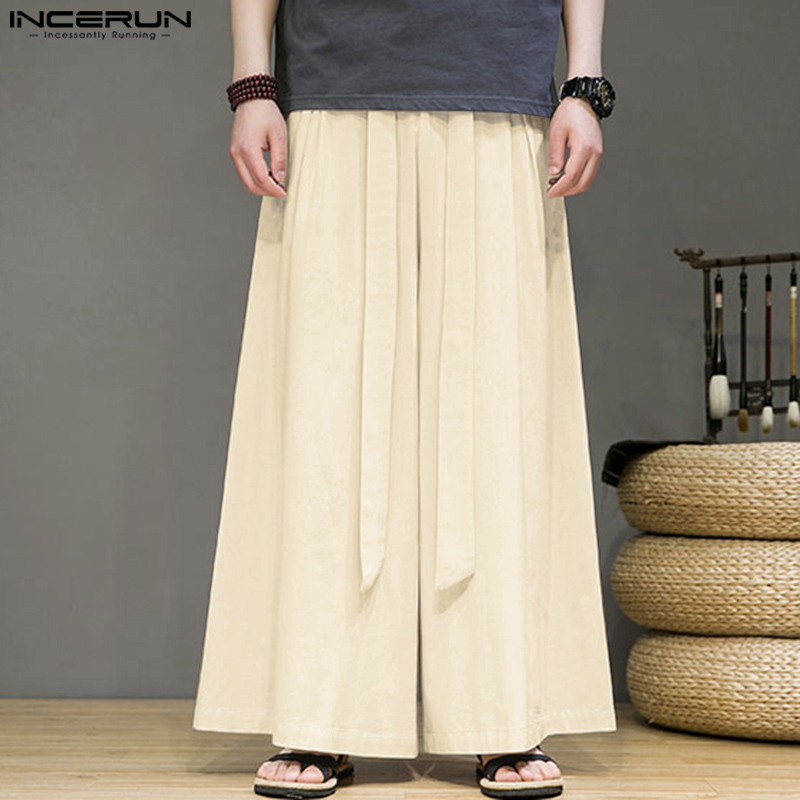 INCERUN Mens Ethnic Wear Elastic Waist Cotton Linen Loose Pleated Pants  Wide Leg Trousers (Chinese Style)
