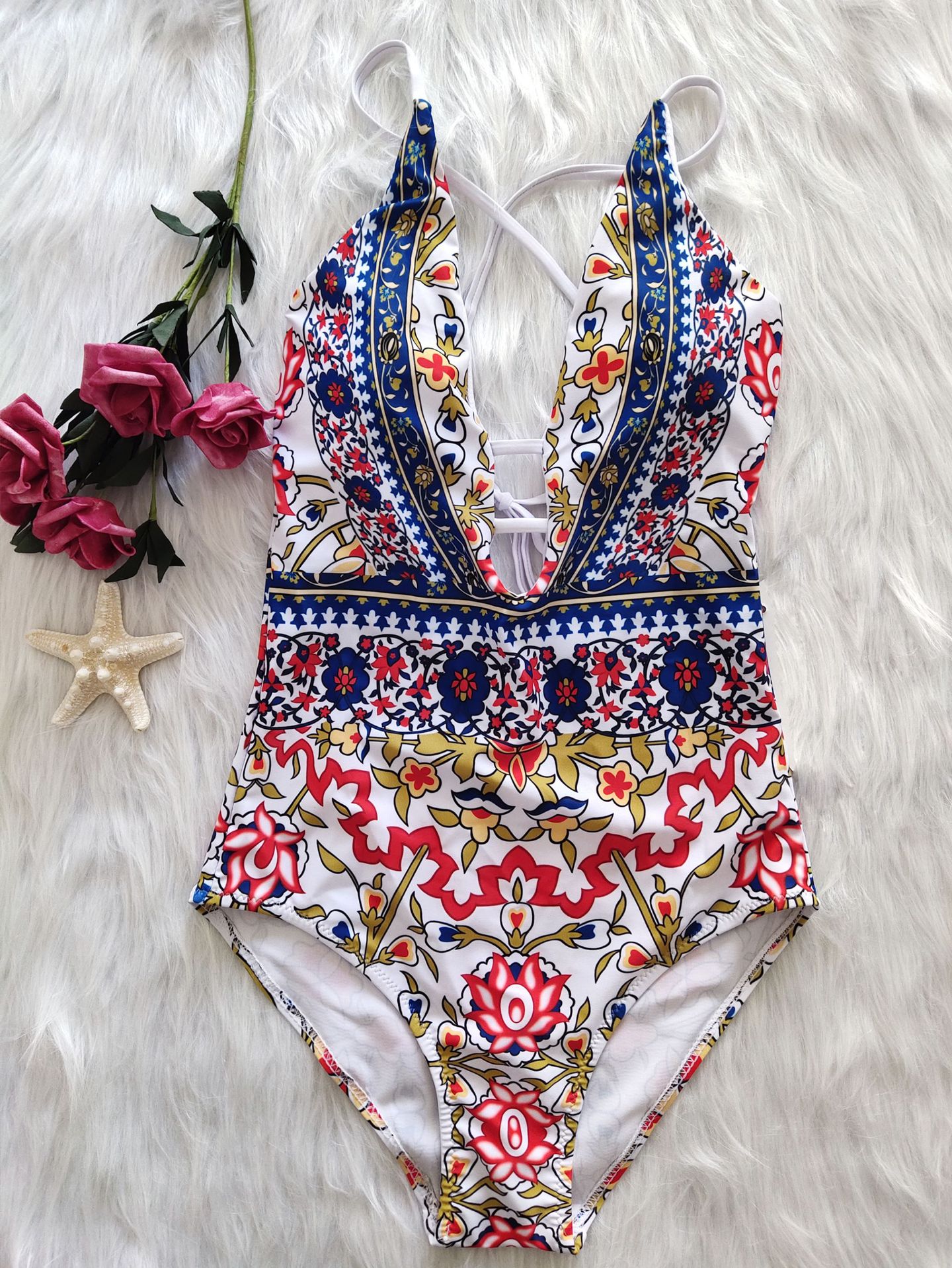 Women Backless One Piece Swimsuit Sexy Printed Swimwear Monokin Push Up
