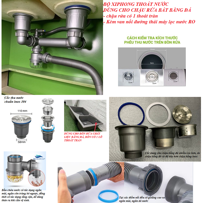 Xiphong chậu rửa BẰNG ĐÁ, 2 Cốc thu nước phi 110mm cao 11cm