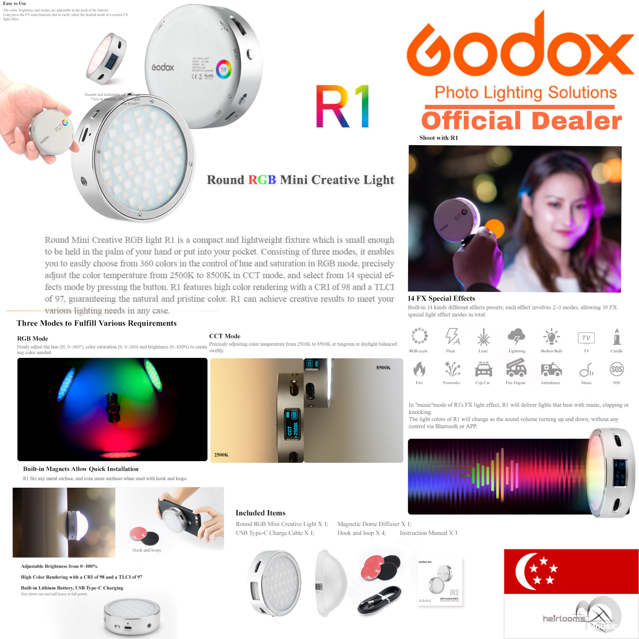 CRI 98 TLCI 97 2500K-8500K Dimmable LED Video Light with Godox AK-R1 Accessories Kit for More Dramatic Lighting Effectives Godox R1 RGB Full Color Round Mini Creative Light 