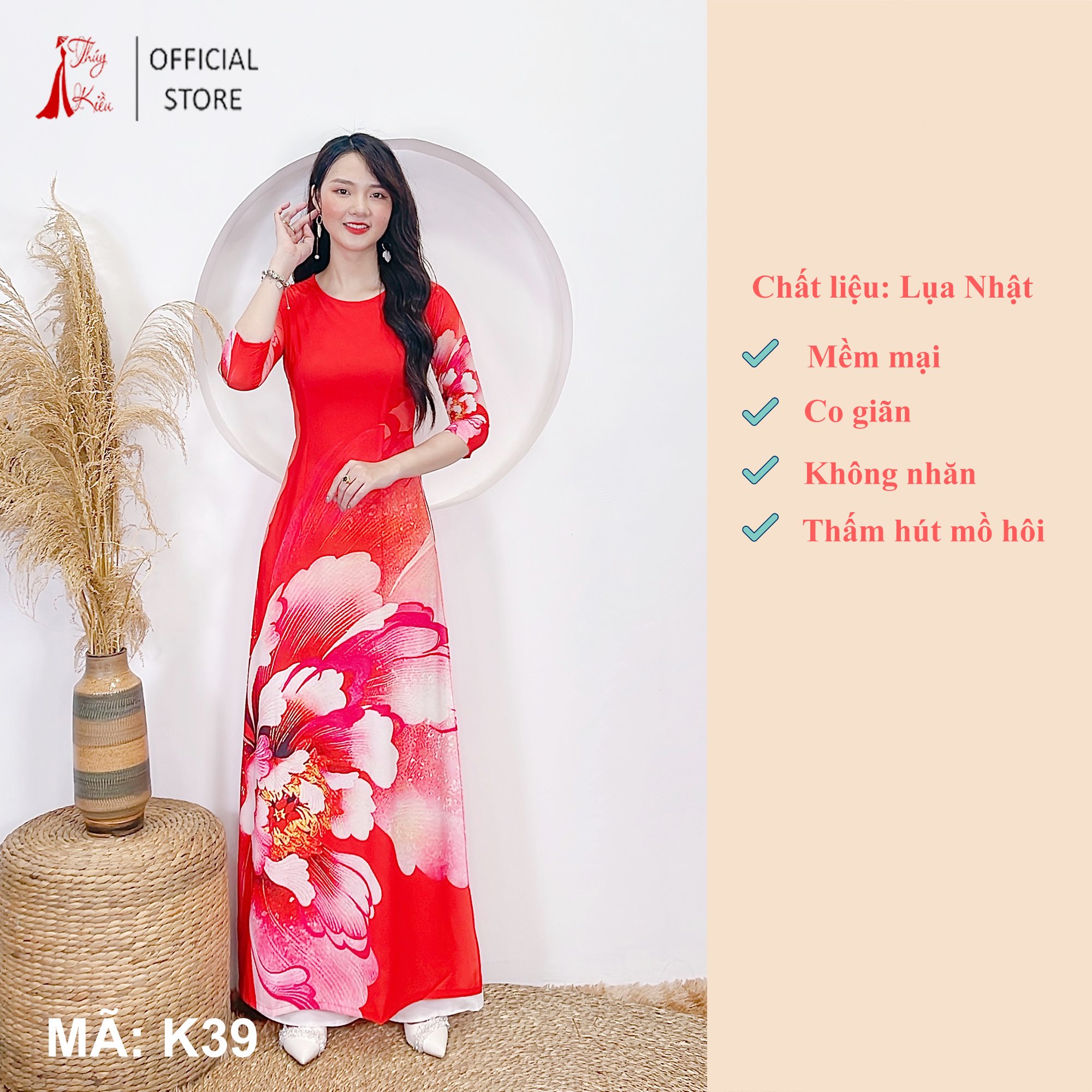 Áo dài nữ truyền thống thiết kế may sẵn tết cách tân nữ nền đỏ cam K39 Thúy Kiều mềm mại co giãn áo dài giá rẻ
