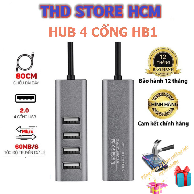 Hub USB 4 cổng, HB1 dây dài 80cm chia usb, mở rộng kết nối chuyển đổi cho táo, Laptop PC, tốc độ cao tặng kèm 2 cường lực
