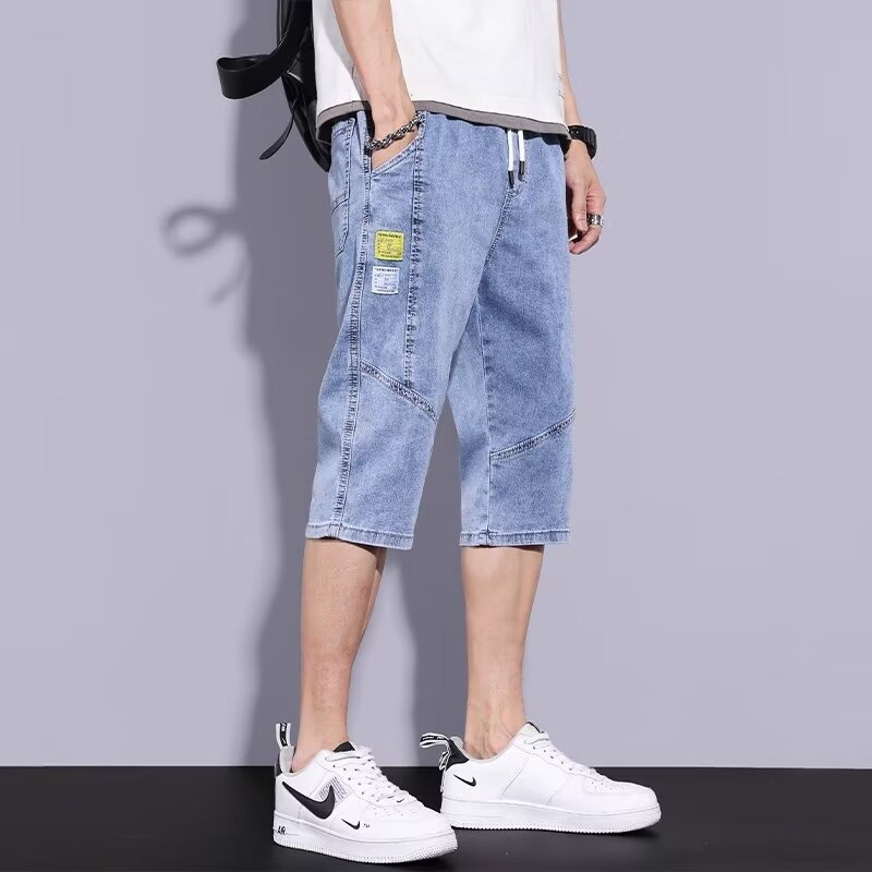 KYUSHUAD Men's slim straight solid color denim cropped pants -Large size can be worn up to 5XL