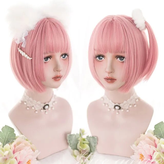LM Short Straight Hair Bob Synthetic Wig Female Blue Gradient Wig Natural Black Cosplay Lolita Party Wig