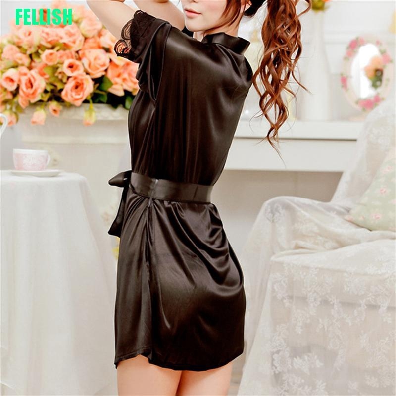 COD tjjs079 Áo Choàng Ngủ Vải Lụa Phối Ren Gợi Cảm Cho Nữ