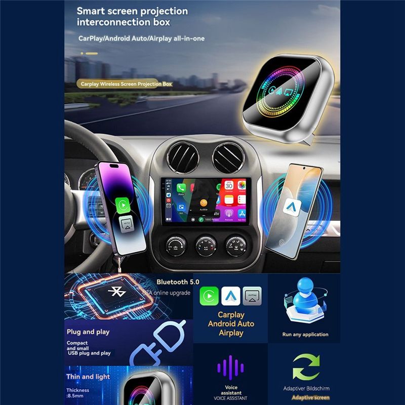 Airplay Wireless Carplay Adapter 3in1 Smart Android Auto USB Dongle Wired Plug and Play.