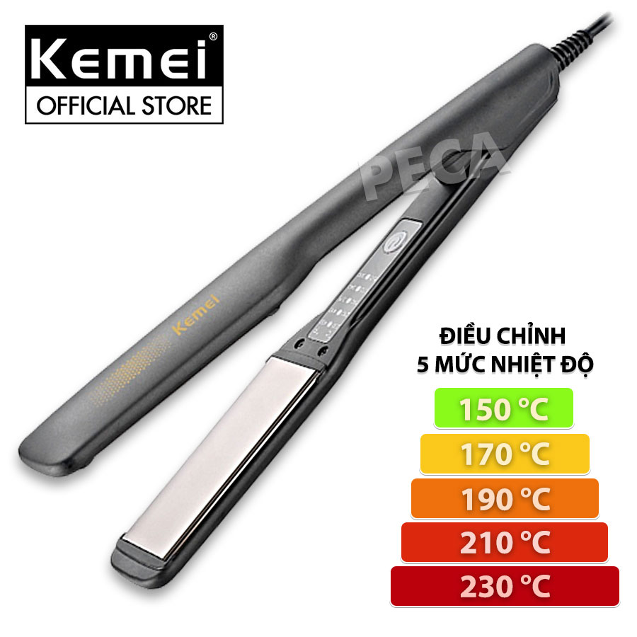 Máy duỗi tóc Kemei KM-2518 điều chỉnh 5 mức nhiệt phù hợp sử dụng cho mọi tình trạng tóc tấm gốm phủ nhiệt Ceramic cao cấp dùng là tóc thẳng, uốn cụp, uốn sóng dễ dàng – hàng chính hãng