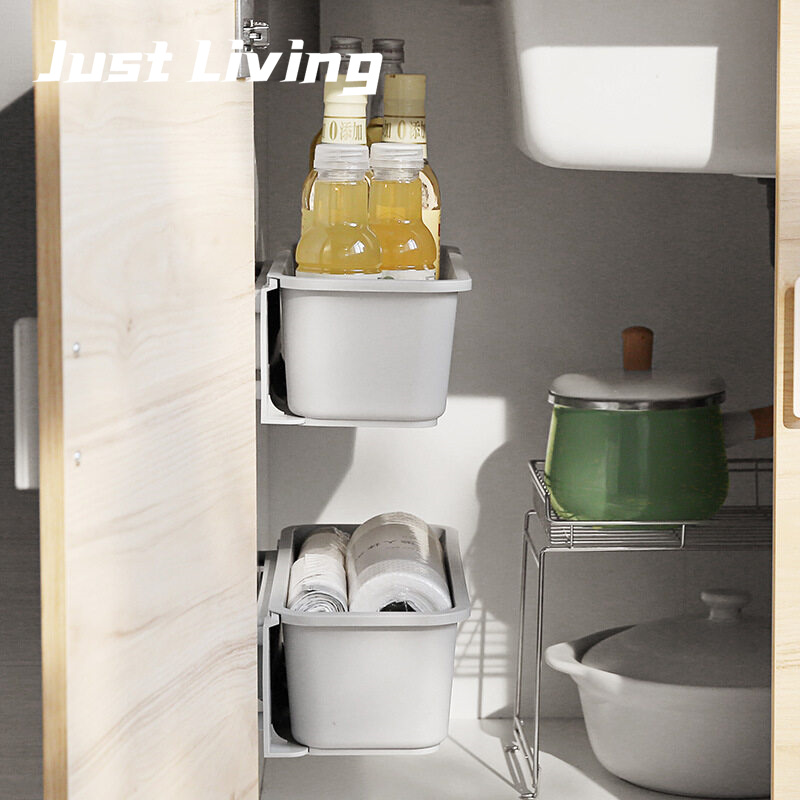 JustLiving Hộp Đựng Bồn Rửa Nhà Bếp Giá Đựng Dưới Bồn Rửa Loại Ngăn Kéo Gắn Tường Giá Sắp Xếp Nhà Bếp Giá Đựng Đồ Kéo Đẩy Bằng Nhựa Cho Phòng Tắm 、 Nhà Bếp