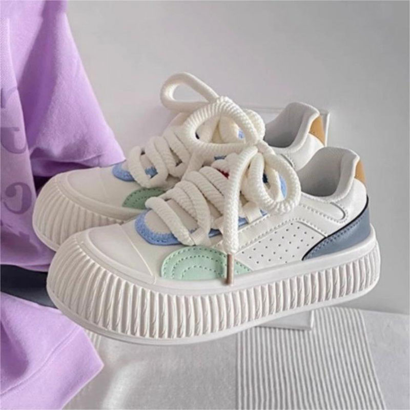 RENBEN Korean women's color-blocked biscuit shoes Korean style fresh and simple fashion sneakers campus style thick-soled rubber sole shoes
