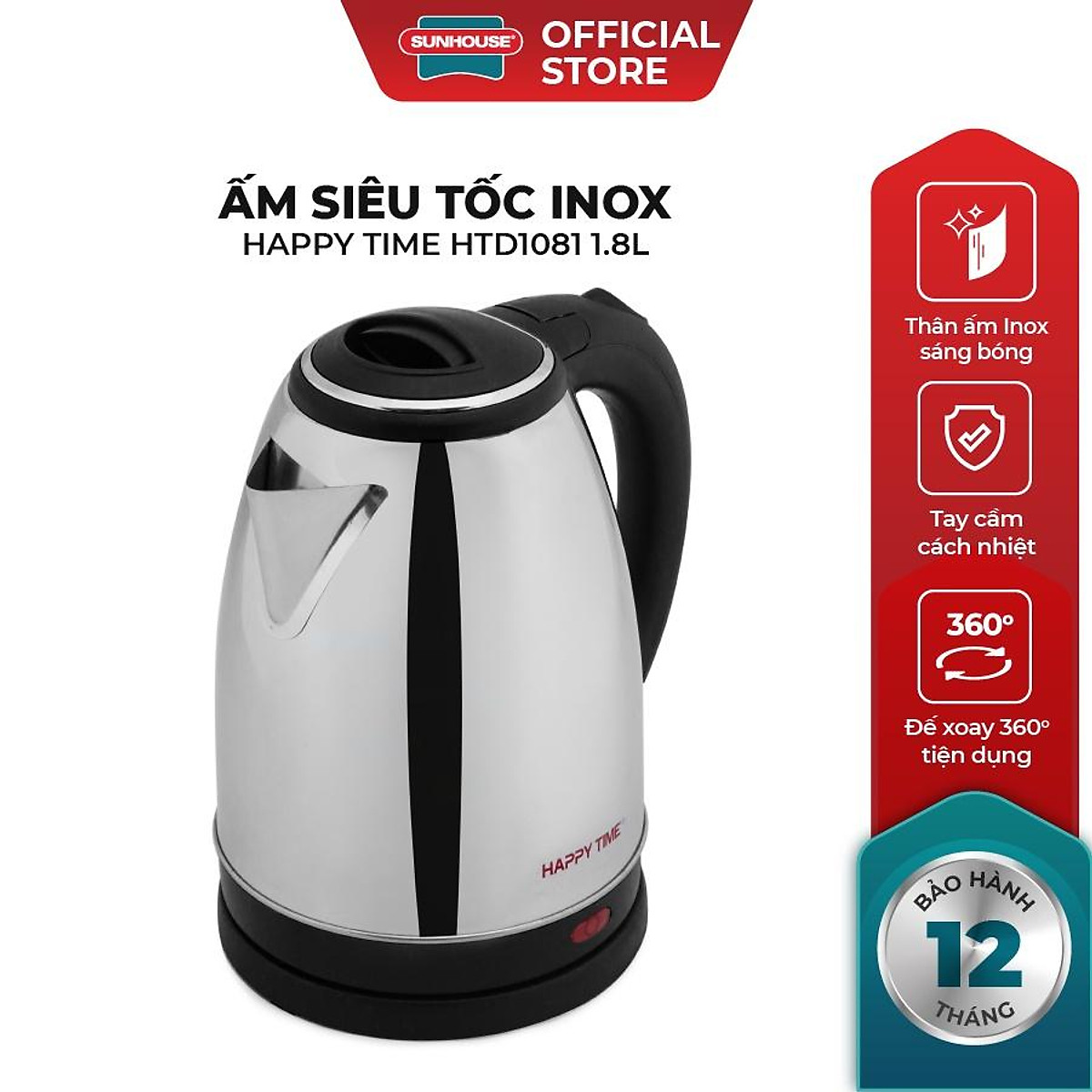 Ấm siêu tốc inox 1.8l sunhouse happy time htd1081