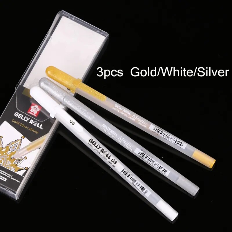 Sakura Gelly Roll Pen Liner, Basic Highlighter White Gold Silver Color, 05  Fine 08 Medium 10 Bold Drawing Paint Marker