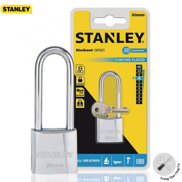Ổ khóa Stanley S742-015 chất liệu thép mạ Chrome trắng, càng dài, rộng 30mm thumbnail