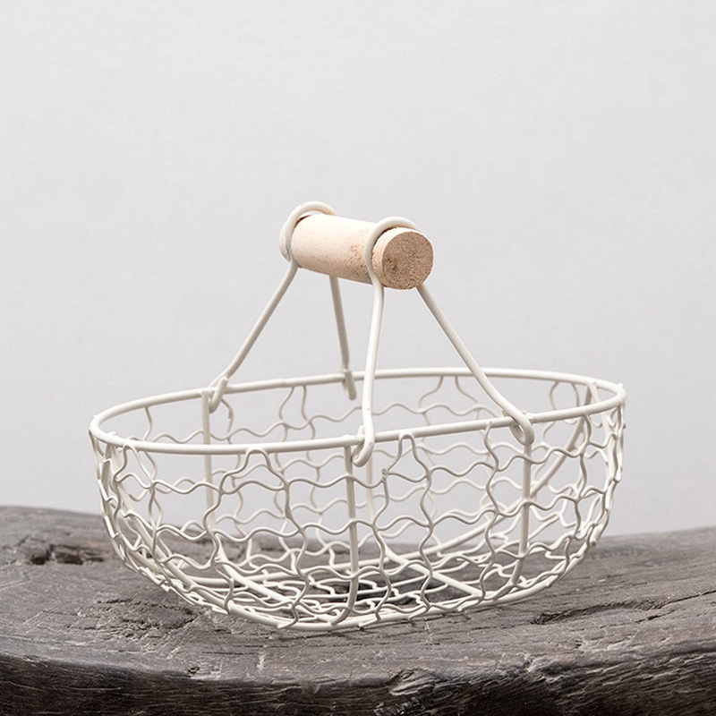 Wooden Handle Metal Retro Basket Portable Multi-Function Vegetable Fruit Egg Groceries Practical Storage Basket Organizer