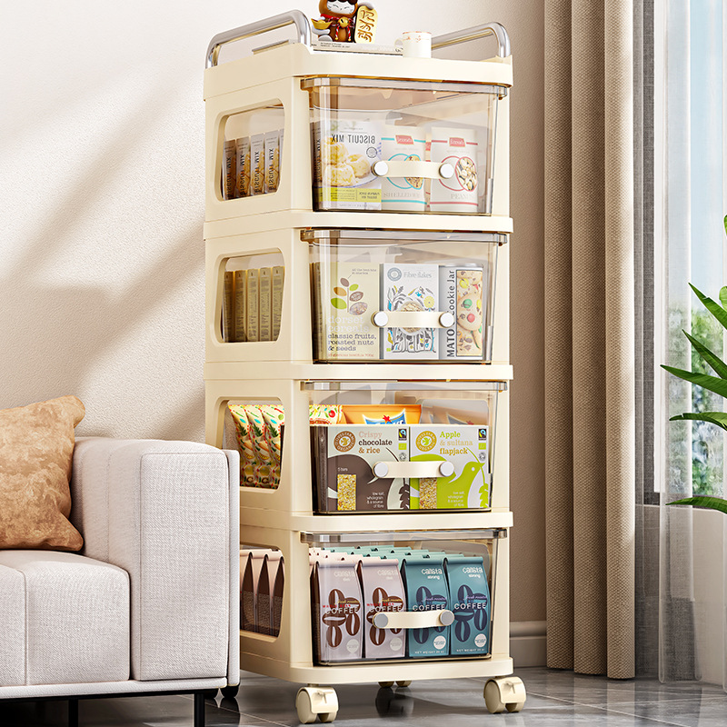 Drawer-type storage cabinet, household multi-functional movable multi-layer storage cabinet, bedroom trolley, cream wind shelf