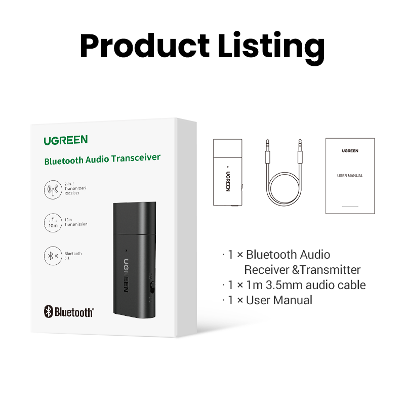 UGREEN Bluetooth 5.1 Transmitter Receiver 2 in 1 Wireless USB Bluetooth Adapter Tích hợp Micrô 3.5mm Âm thanh Bluetooth Dongle Driver Miễn phí cho TV, Âm thanh nổi tại nhà, Âm thanh nổi trên xe hơi, Tai nghe, Loa, PC Model:60300