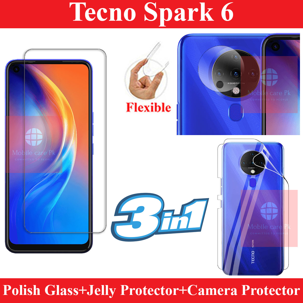 Tecno Spark 6 Glass Protector Polish Screen Tempered + Back Protector Transparent Hydrogel Soft Film jell Protection + Back Rear Camera Protector 9H Gorilla Flexible Protection For Tecno Spark 6. 