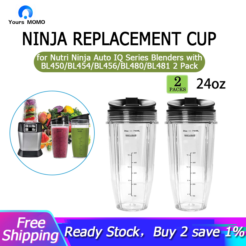 Fransande 2 Pack Replacement 24Oz Cup with Spout Lid for Nutri Ninja Auto IQ Series Blenders with BL450/BL454/BL456/BL480/BL481 