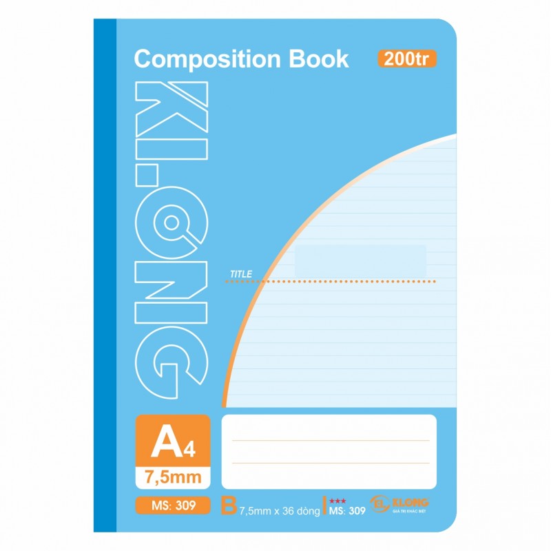 Vở A4 Klong [Chọn Màu] 200 trang kẻ ngang may dán gáy Compostion Book VPP Tuệ Minh -sổ Klong MS 309