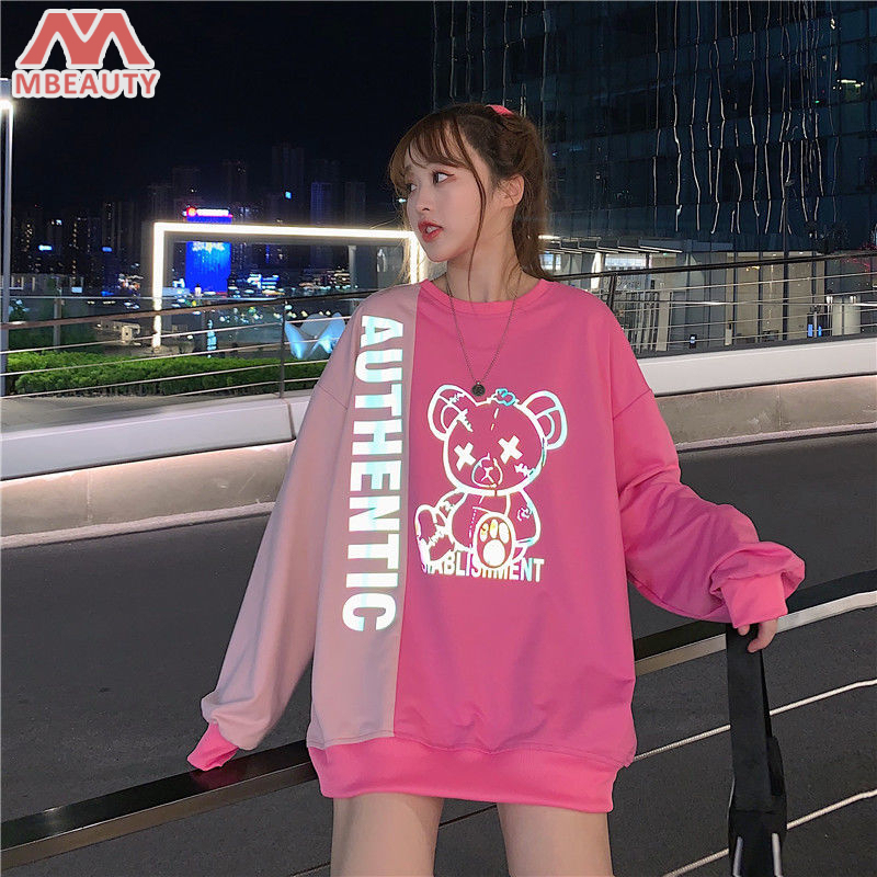 MBeauty Women's spliced loose round neck sweatshirt pullover bear