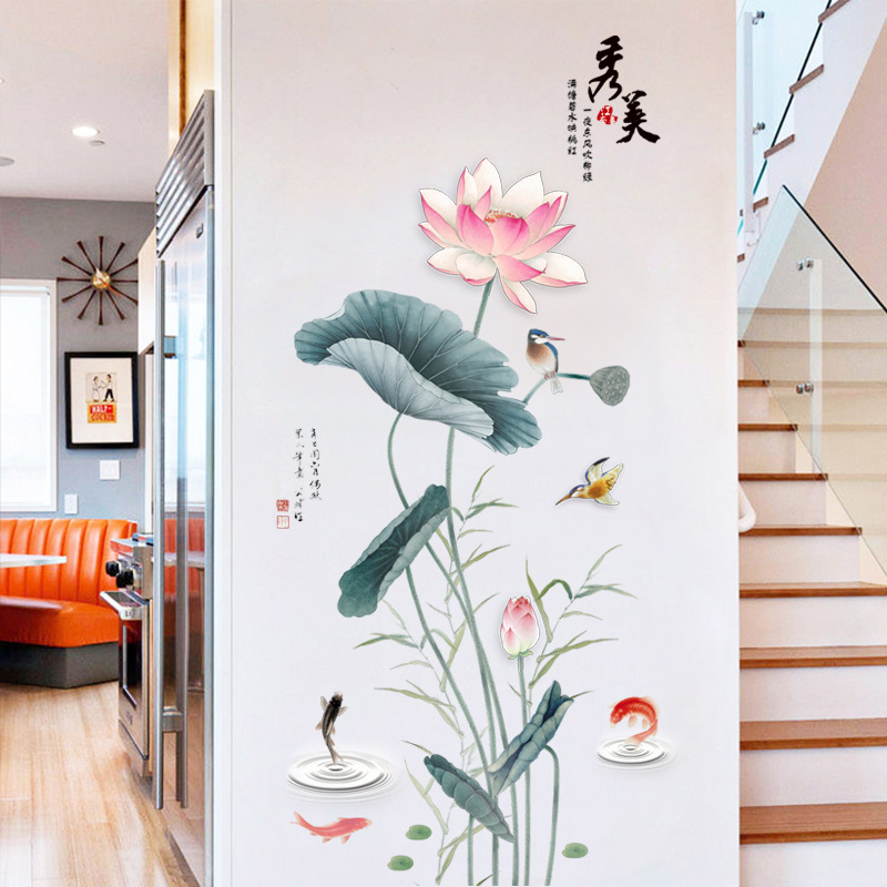 Decal Dán Tường Hoa Sen Chim và Cá