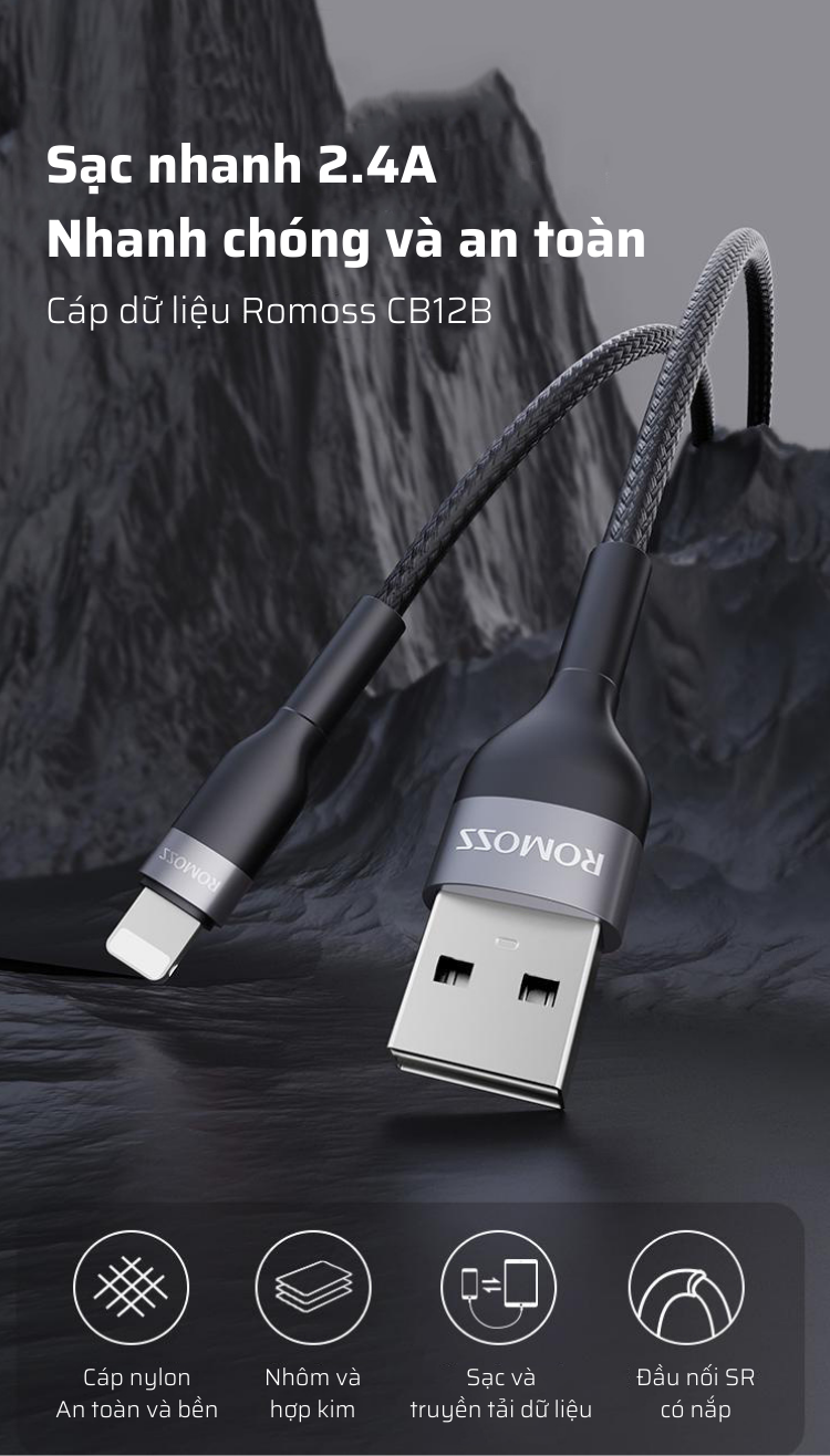 Cáp sạc nhanh Romoss, cáp sạc nhanh CB12B cổng Micro USB to Lighting