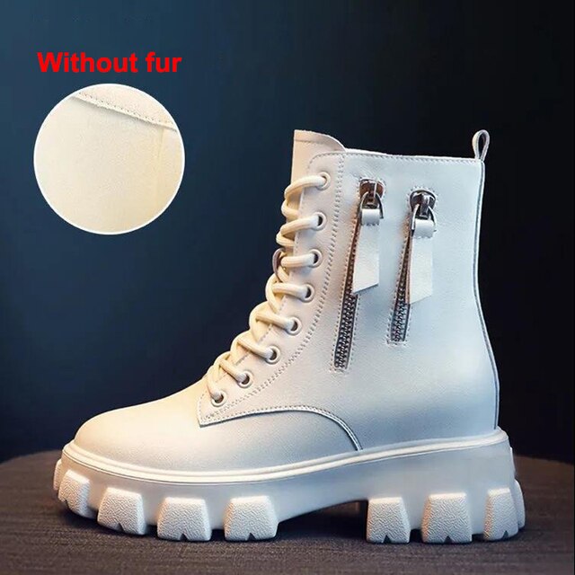 Rimocy Pu Leather Platform Ankle Boots Women Lace-Up Zipper Thicked Plush Snow Boots Woman Winter Non-Slip Warm Cotton Shoes