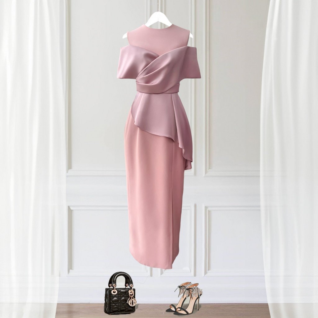 Đầm bigsize nữ mập fashion đầm thiết kế bigsize dự tiệc đầm hồng phối lụa thiết kế sang trọng che khuyết điểm da0039