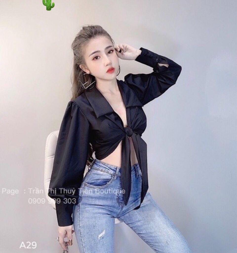 Áo kiểu tay dài cổ bẻ cột nơ eo cực xinh , chất phi lụa mềm mịn mát