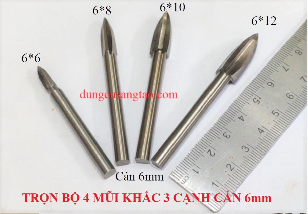 Mũi 3 khía cán 6mm (Điêu khắc gỗ, mũi phá thô cán 6mm). bộ 4 mũi