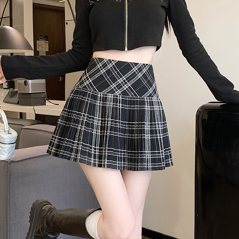 HengShanYuan New Korean style high waist plaid A-line skirt pleated skirt skirt short skirt