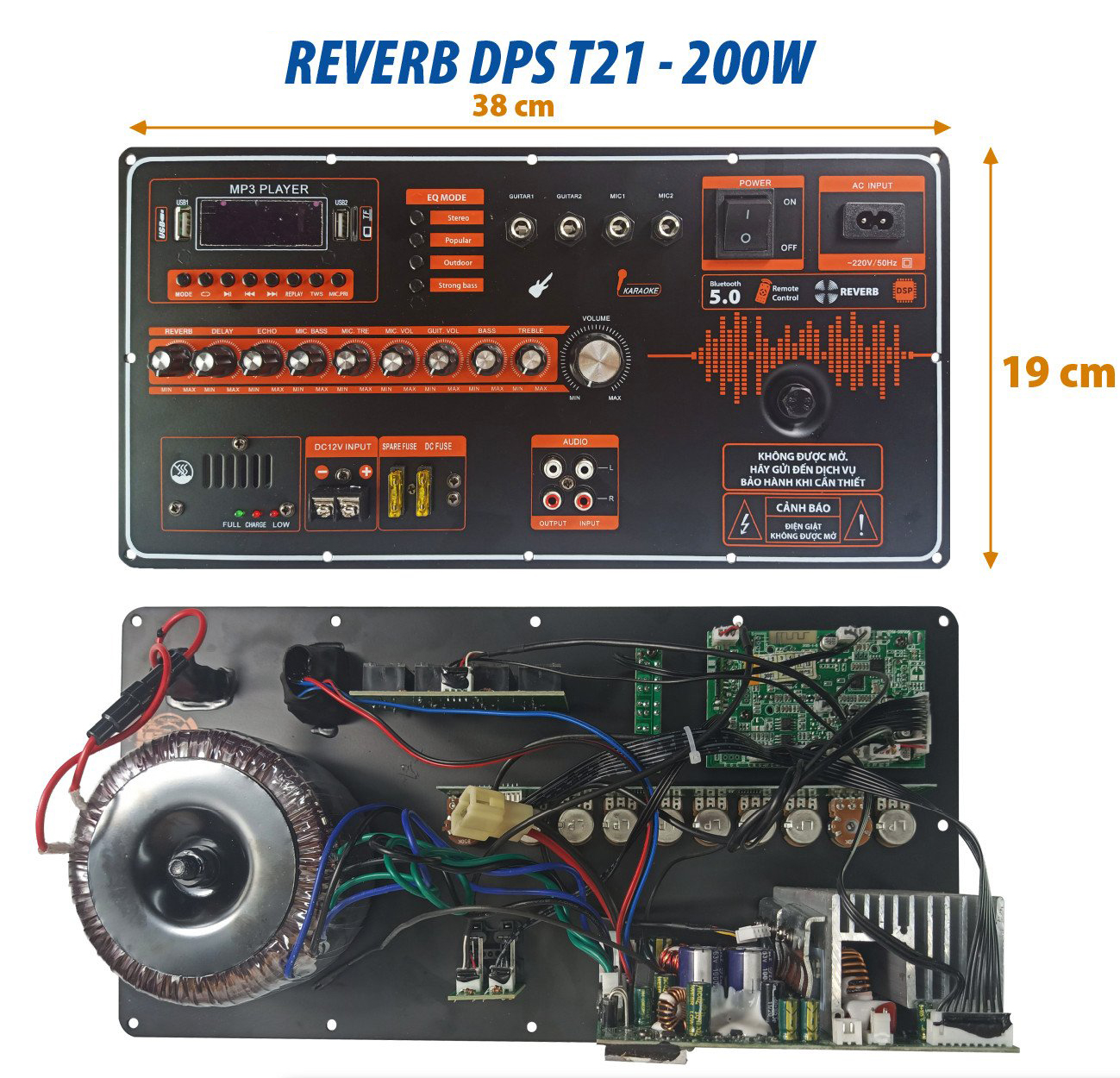 Bo Mạch Loa Kéo Nguồn Xuyến đánh 2 Bass 40, 5 Tấc đơn Mạnh Mẽ có Echo Reverb DSP21, kích thước 19 * 38